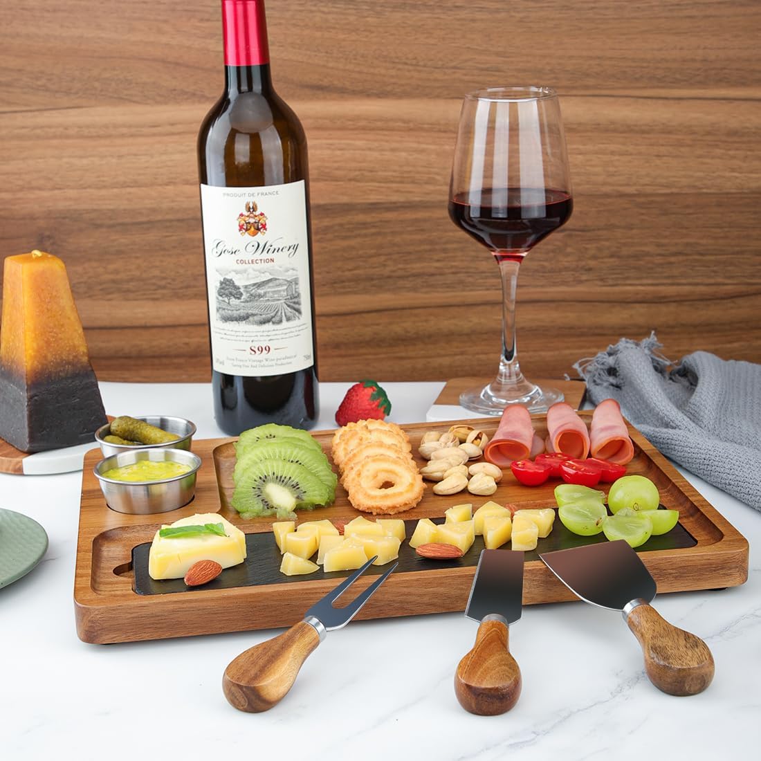 Tabla madera pizarra con 2 cuencos para charcutería y queso