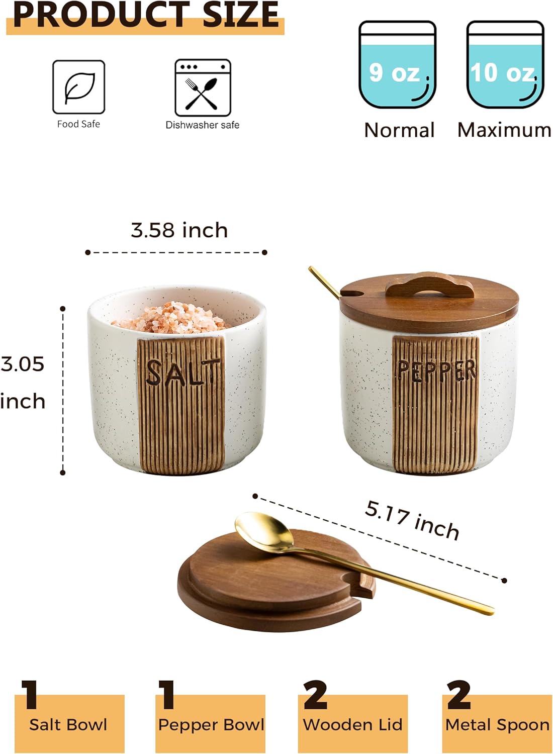 Tazón sal y pimienta cerámica 10oz con tapa cuchara estilo granja