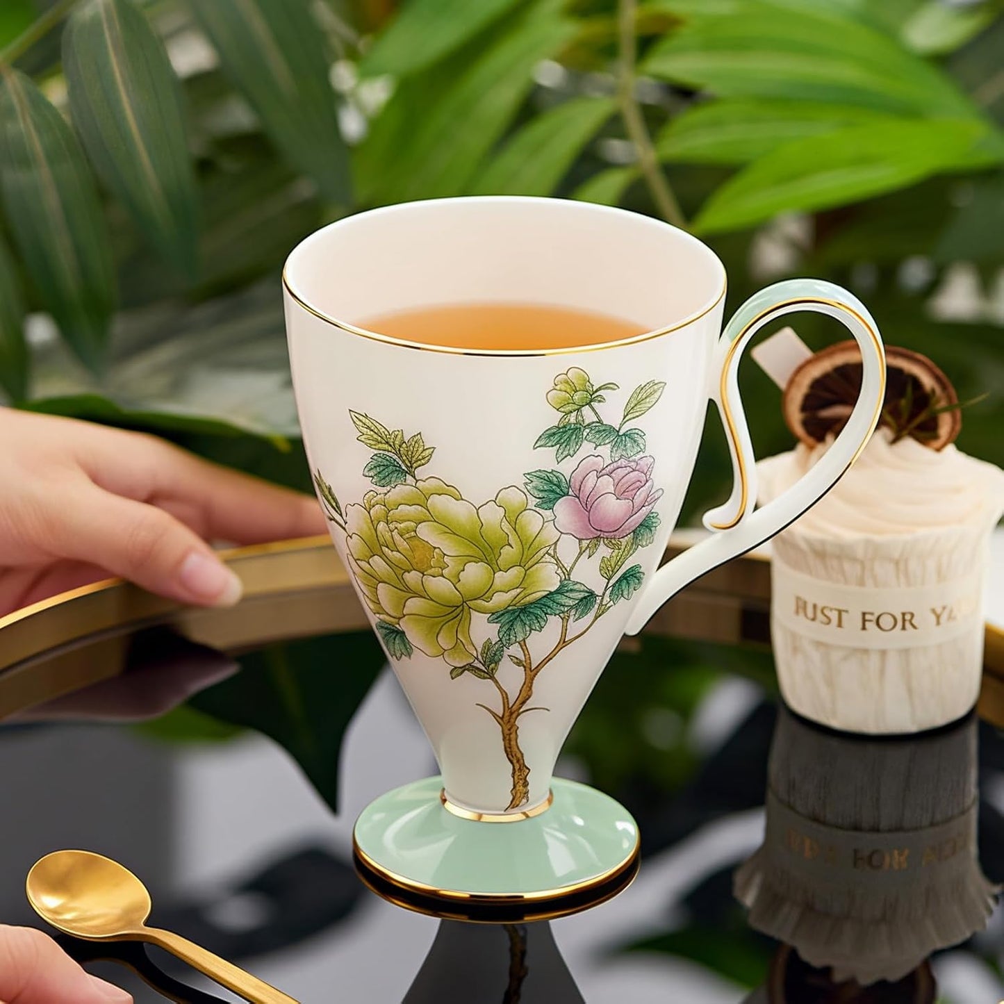Set 2 Tazas Cerámica Fina 15oz para Capuchino Té Florales