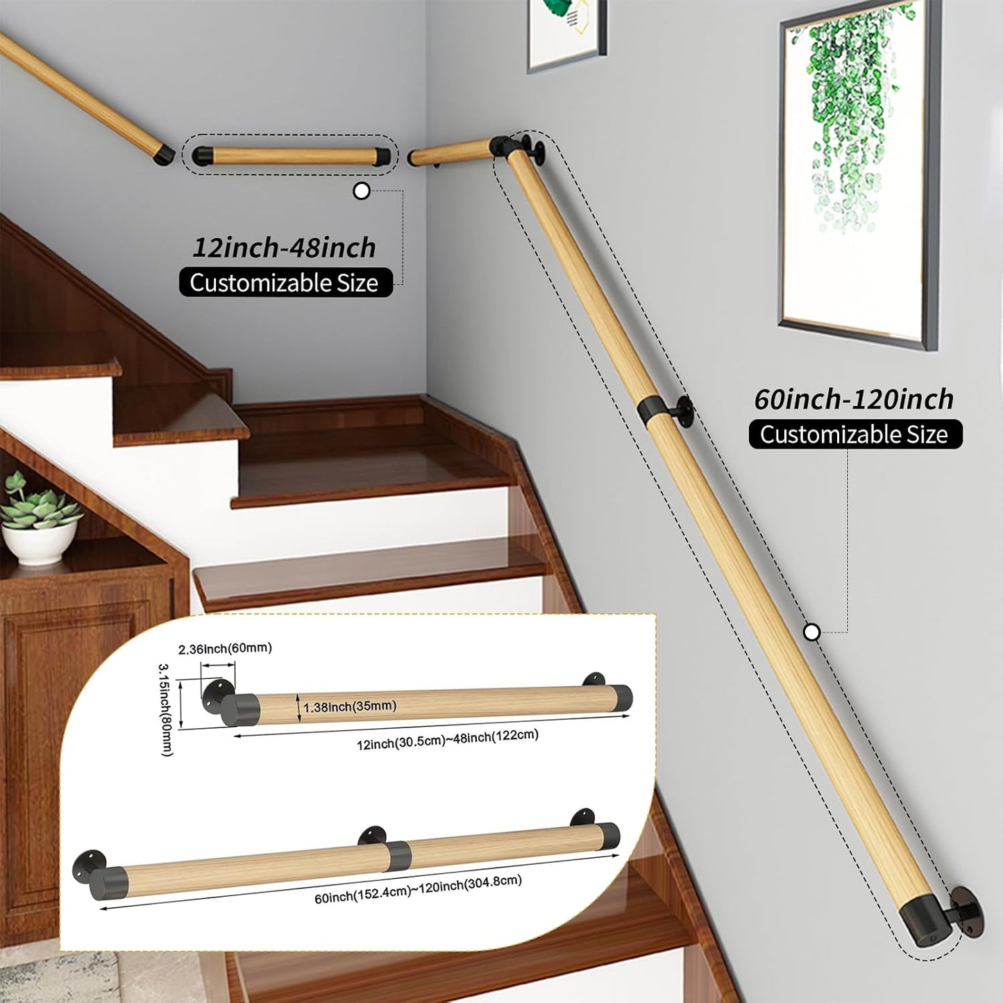 Barandilla madera escalera 11ft soporte pared antiderrap