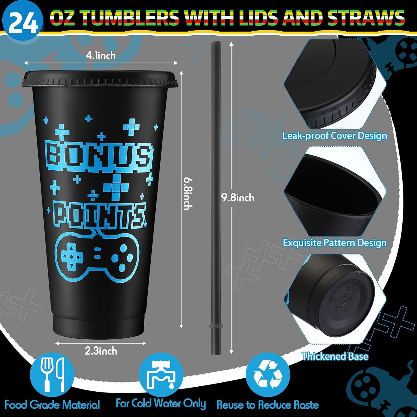 24 Tazas Set 24oz con Tapas y Popotes Reutilizables