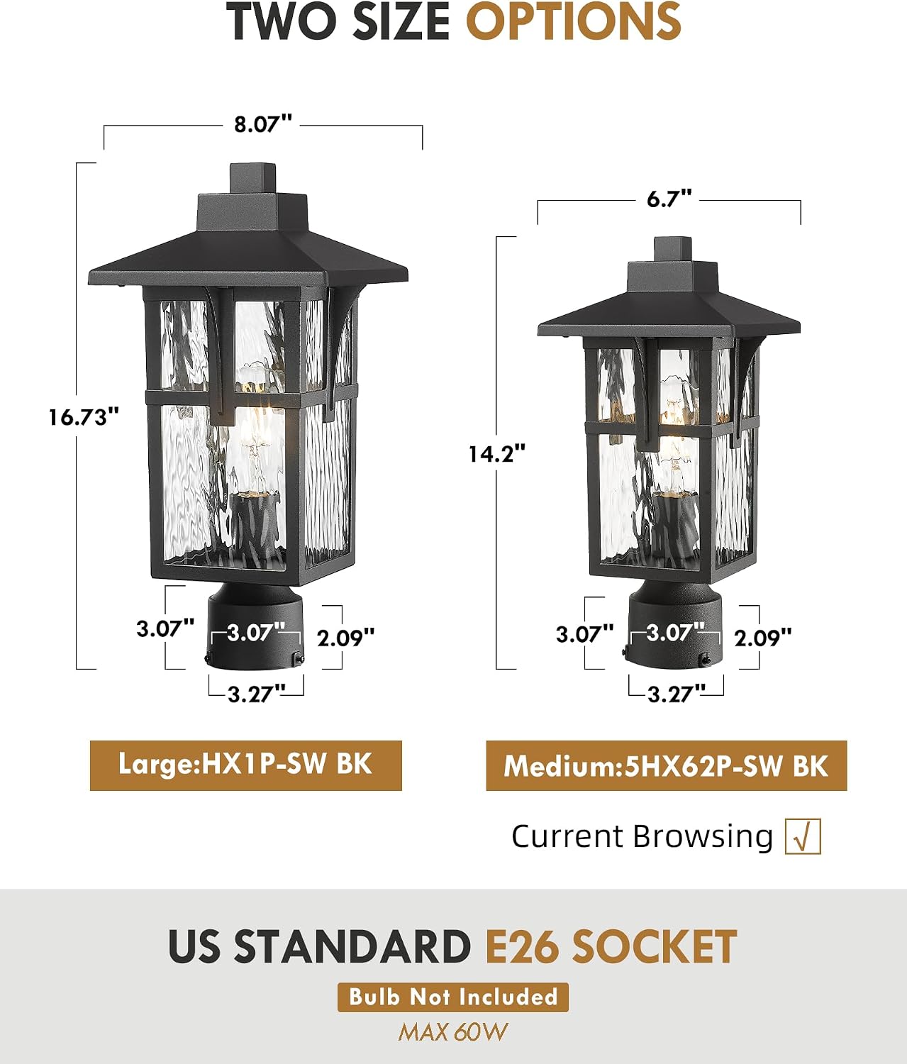 2 Luces Poste Exterior Industrial Negro Mate Vidrio Ondulado