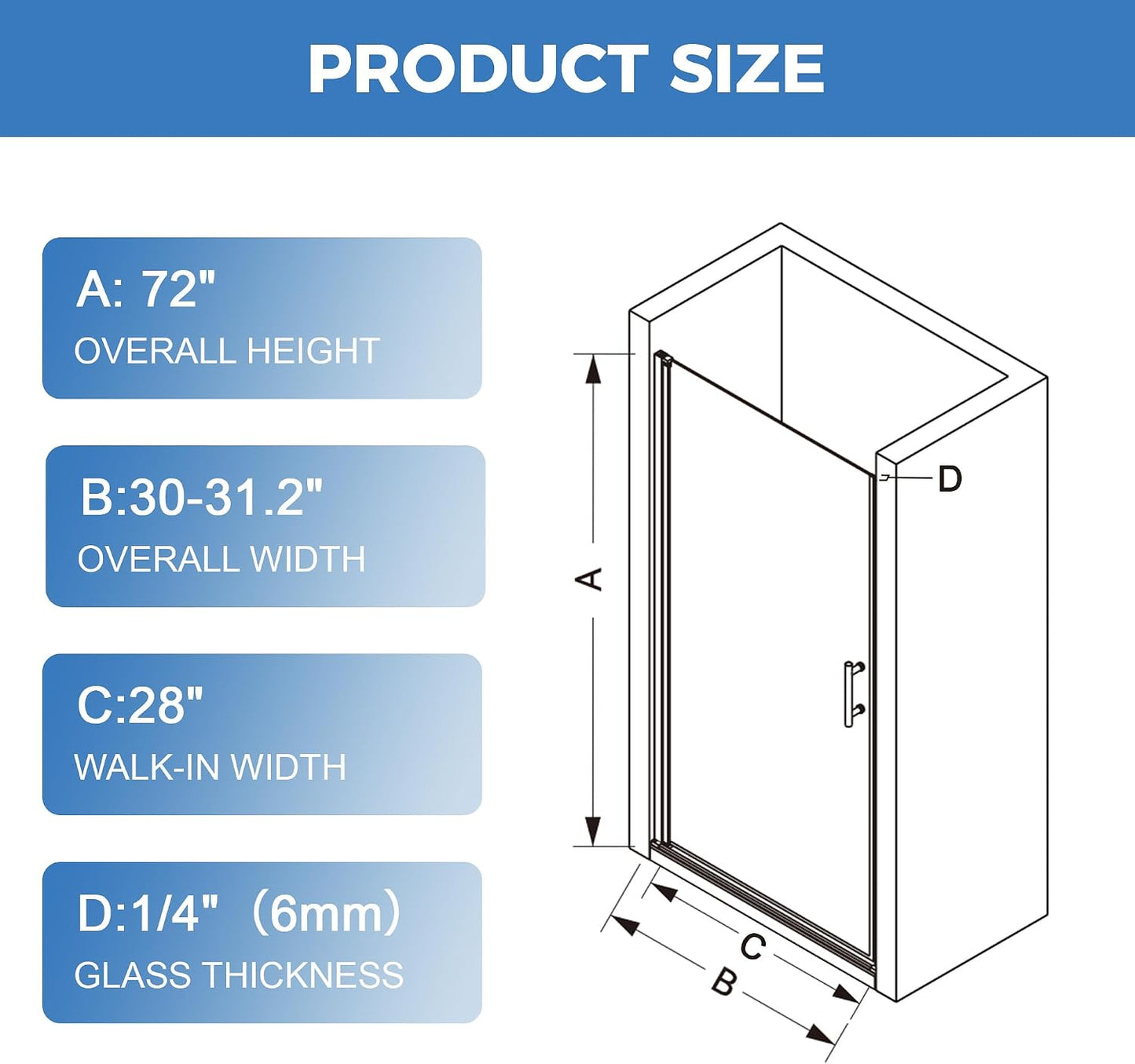 Puerta ducha pivotante sin marco 30-31.2x72pulg vidrio templado