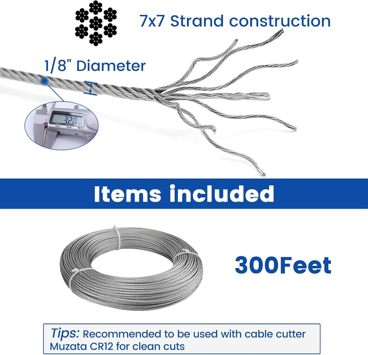 Sistema barandilla cable acero inox 300ft 1/8pulg