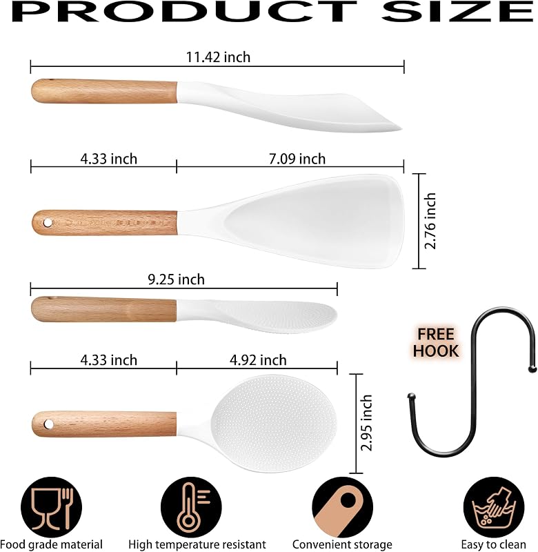 Cuchara arroz antiadherente mango madera silicona blanca