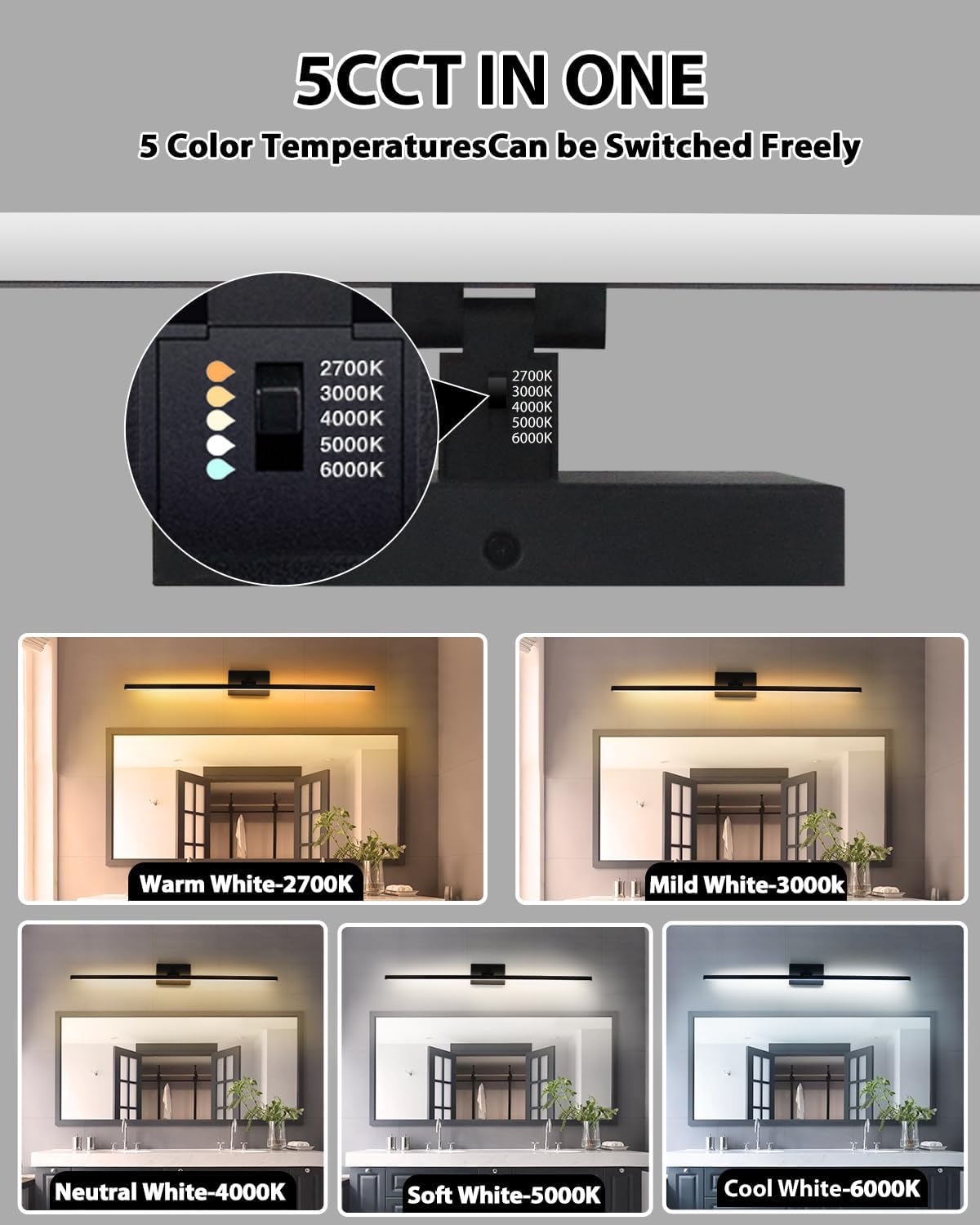 Barra luz LED sobre espejo baño IP44 5CCT ajustable negro