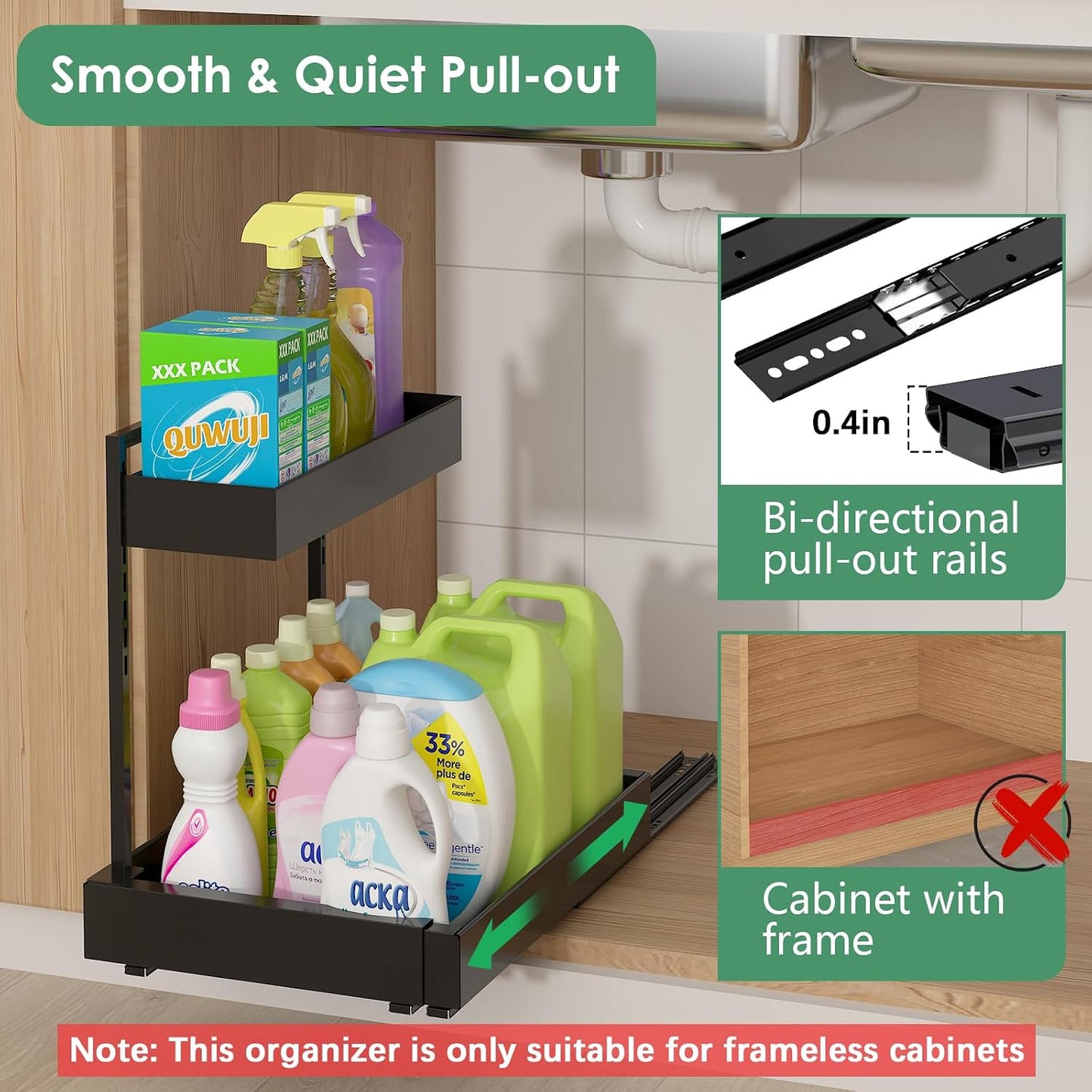 Organiz. debajo fregadero 2 niveles ajustable cocina baño negro