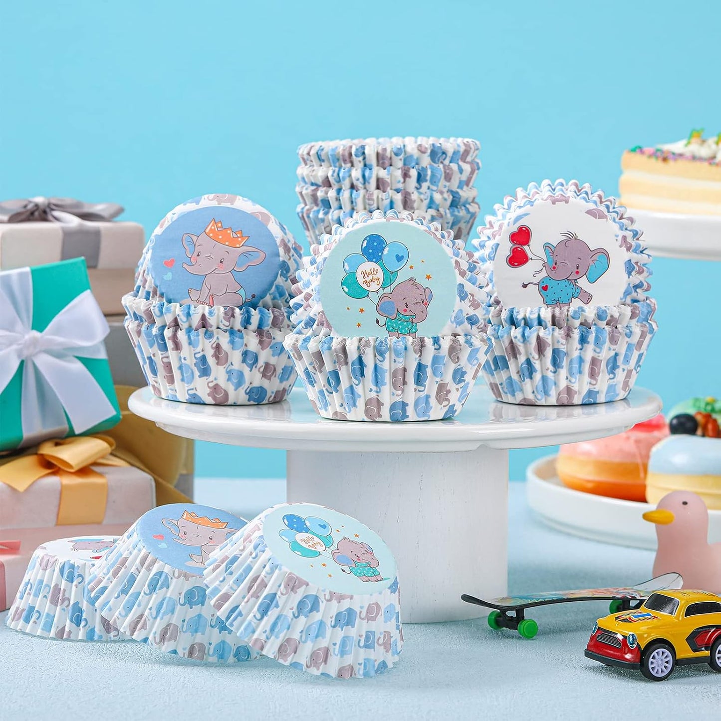 300 Pzas Forros Azules Cupcakes Baby Shower Elefante