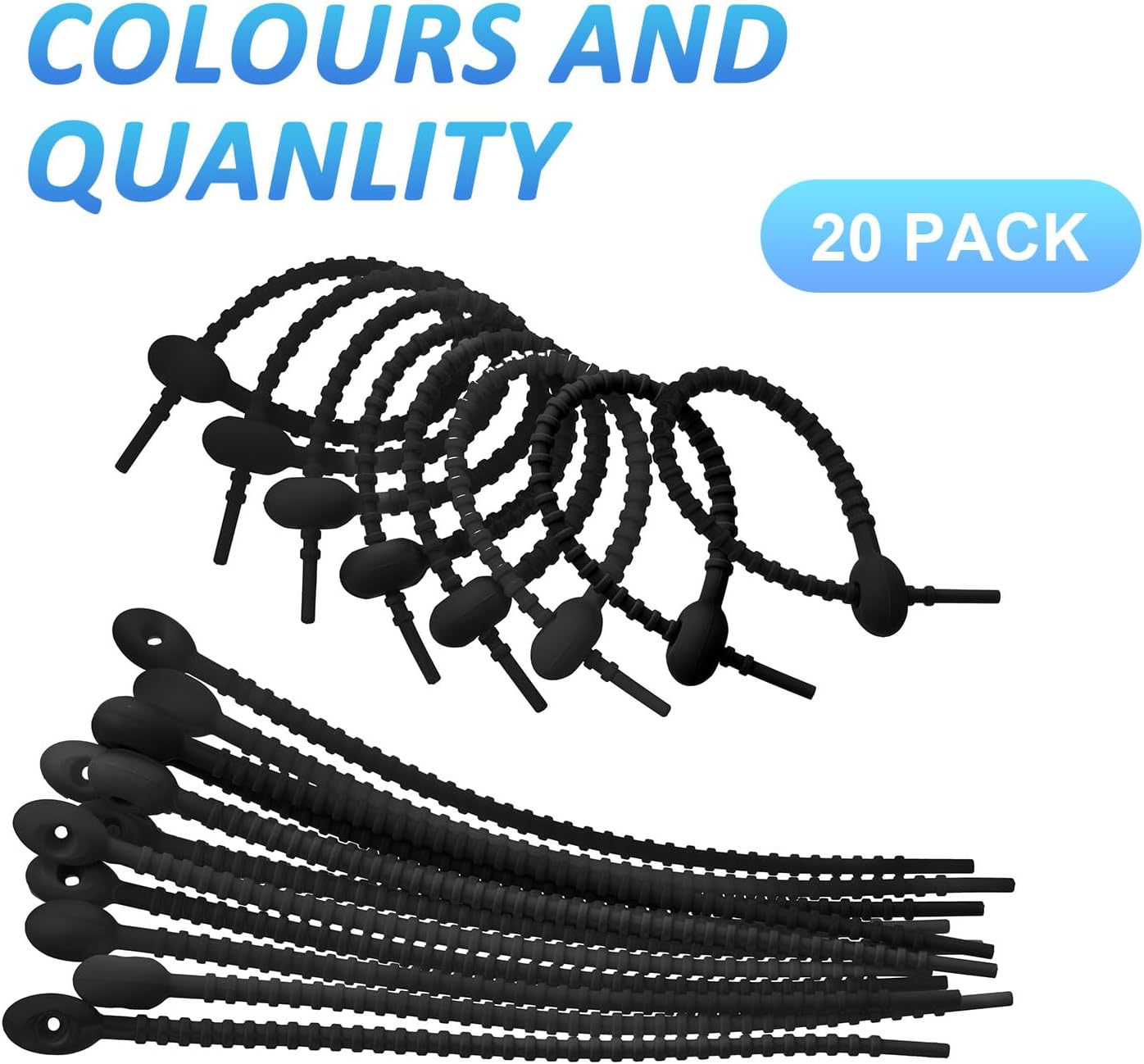 20 Pzas Bridas Silicona 8pulg para Cables y Bolsas Negro