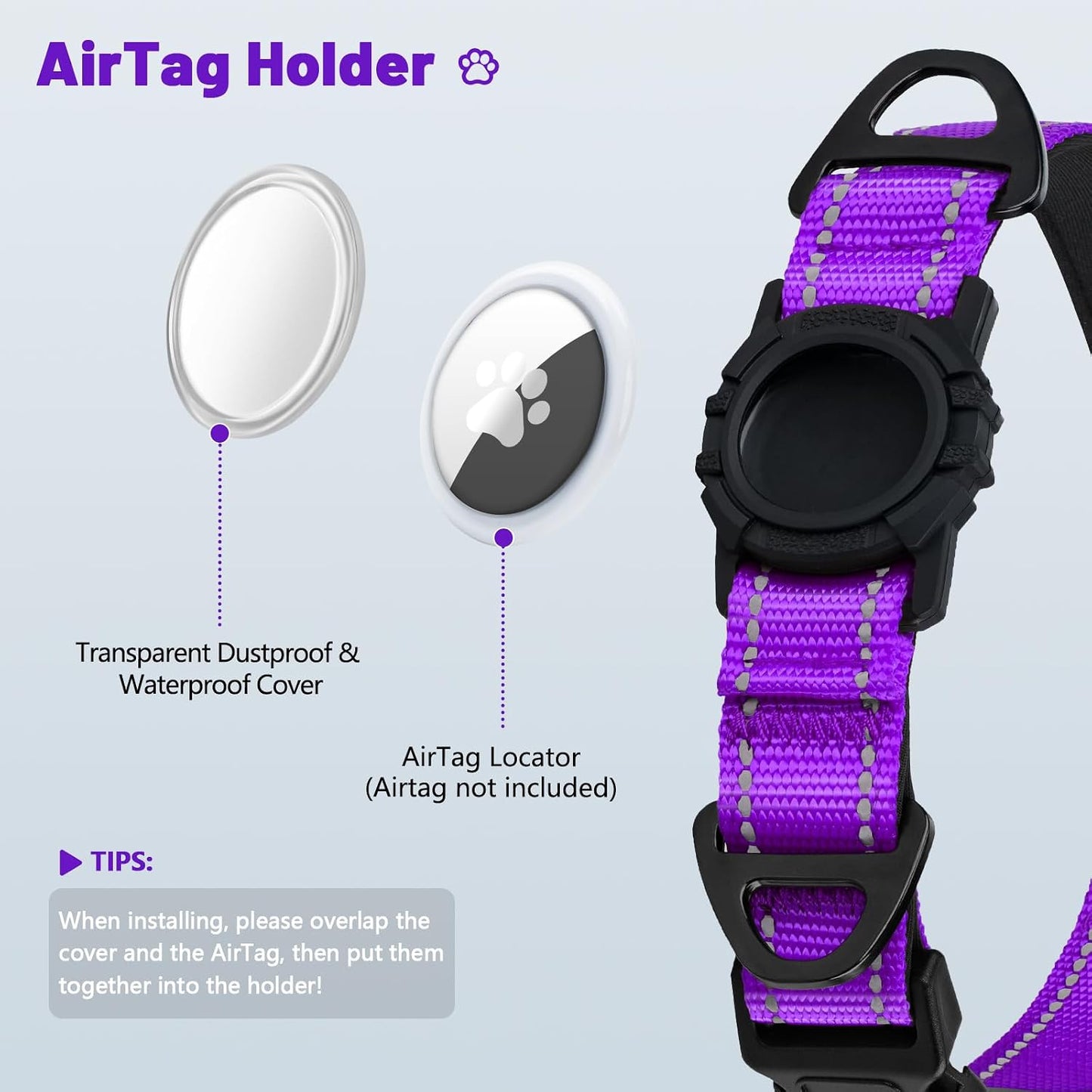 Collar reflectante perro soporte Airtag acolchado morado