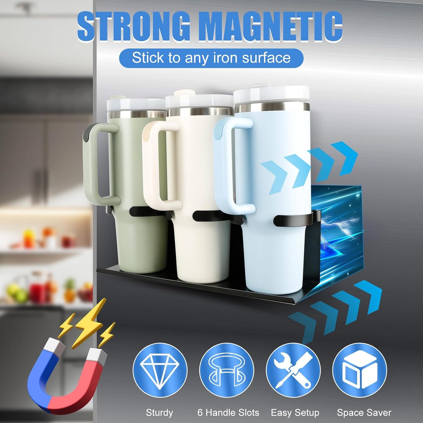 4 Portavasos Magnéticos Refri con Tapa 20-40oz y 7 Ganchos