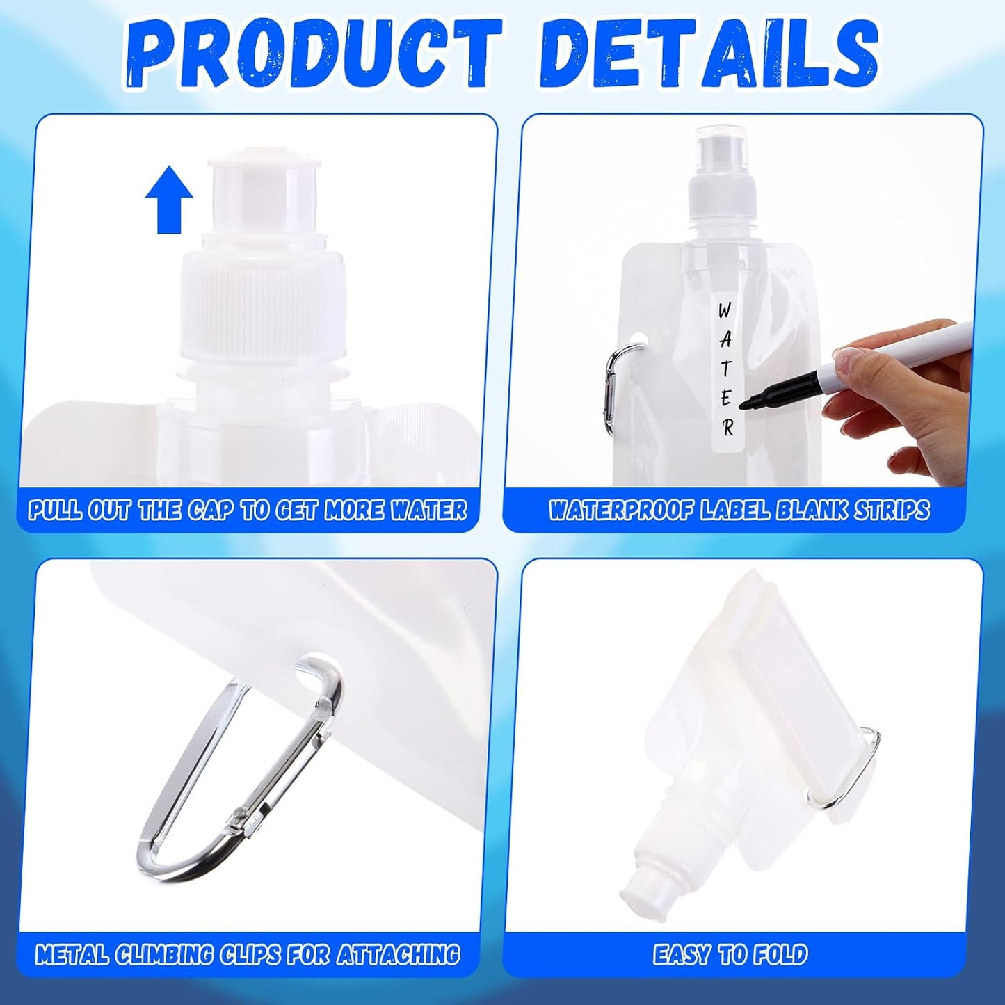 24 Pzas Botellas Agua Plegables 16oz Mosquetón Reutilizables
