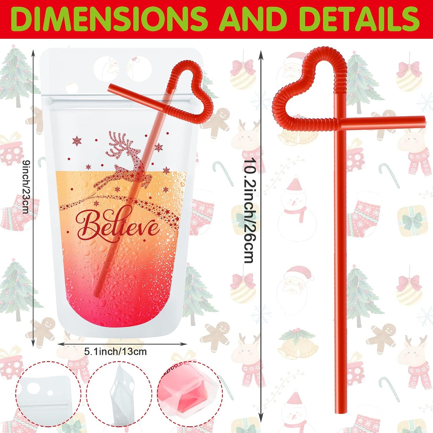 Set 24 bolsas bebida Navidad con popote clásico