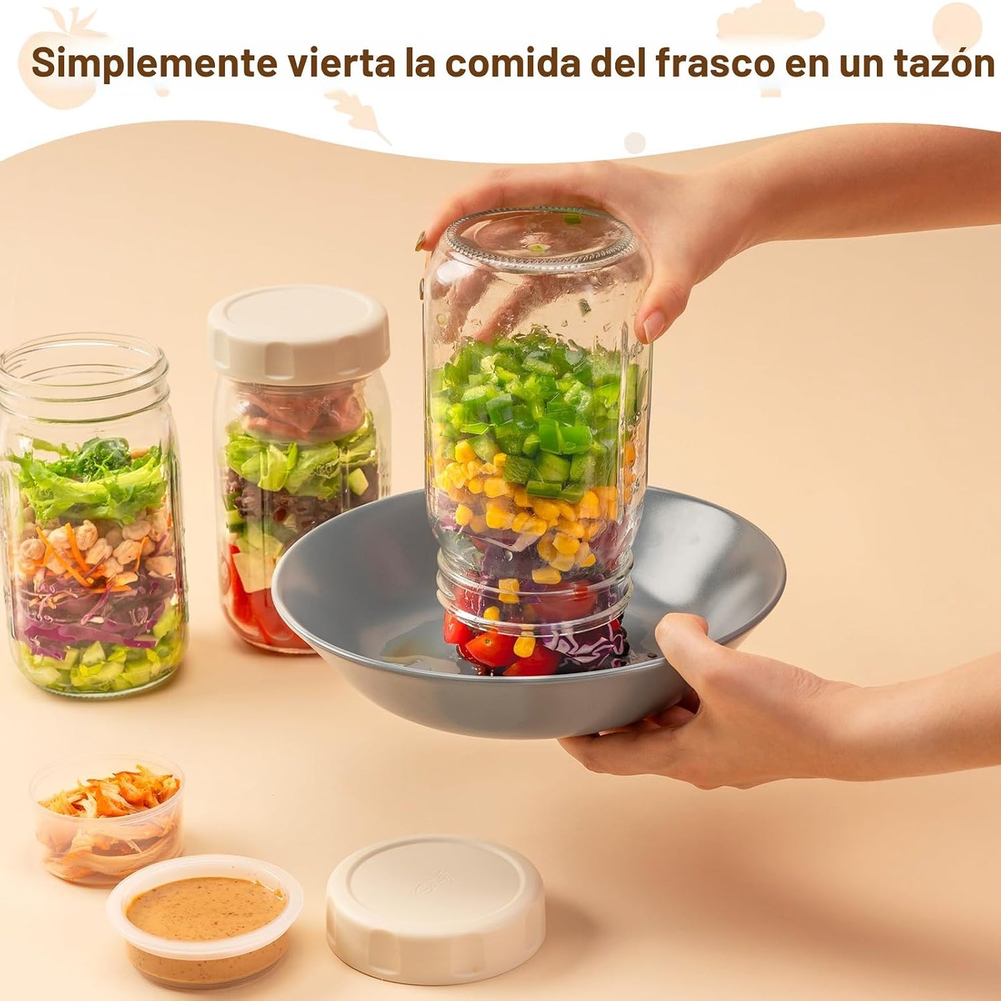 4 Tarros Vidrio Ensalada con Tapas para Almuerzo y Aderezo