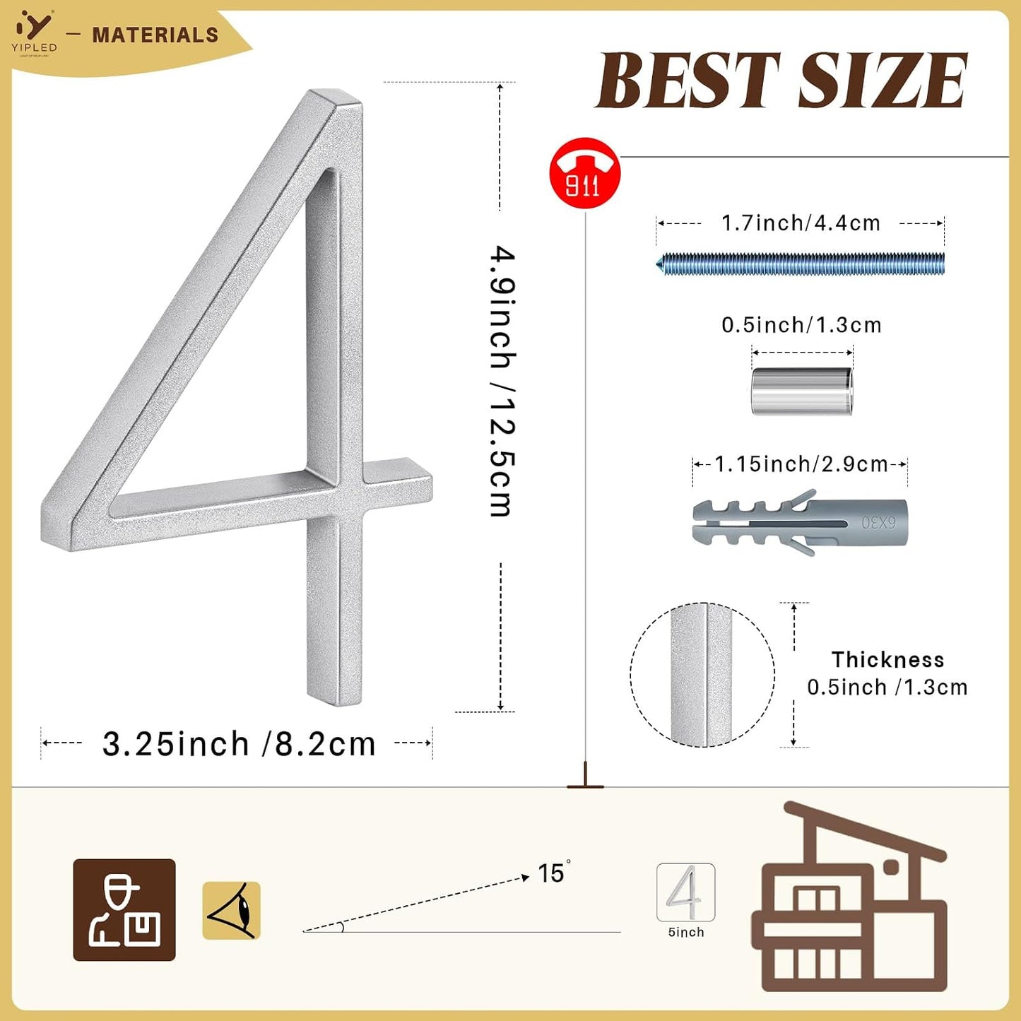 Números de casa metal 5pulg plateado moderno resistente