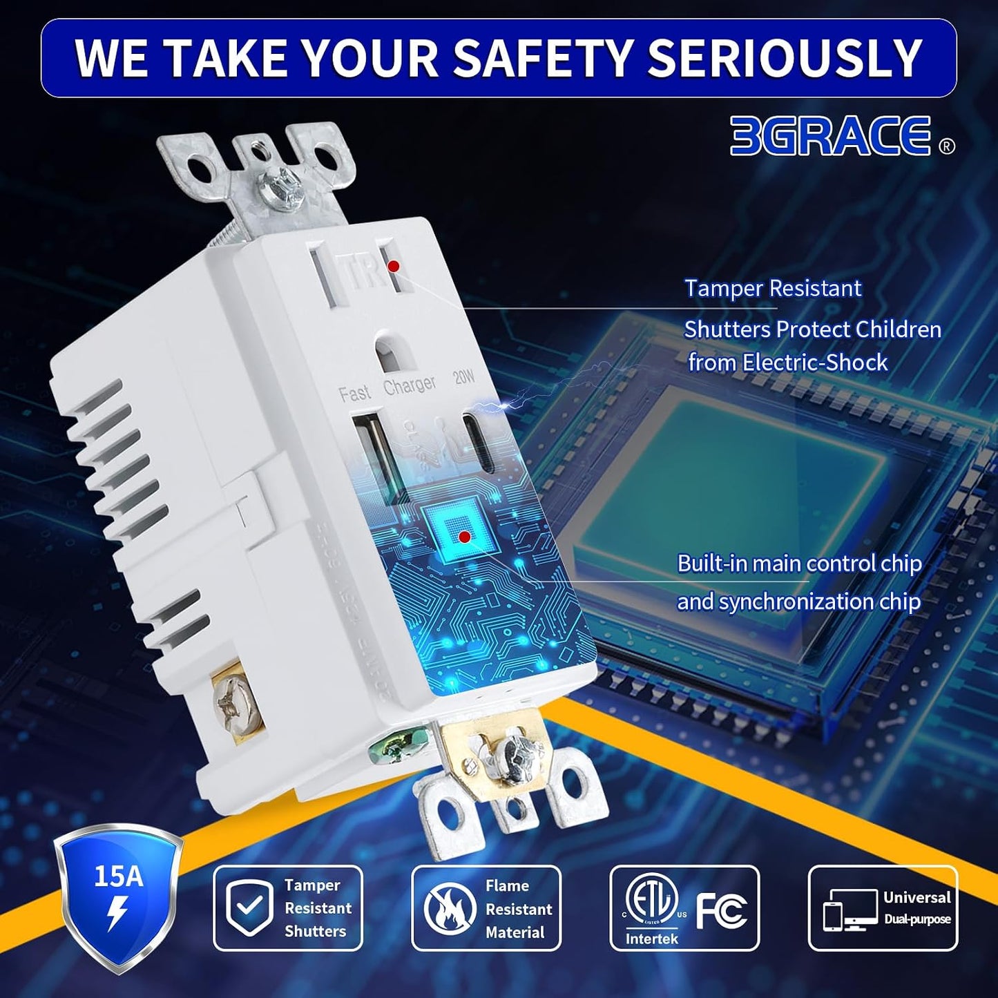 Toma corriente USB pared con puertos USB C 4.2A 15A resistente