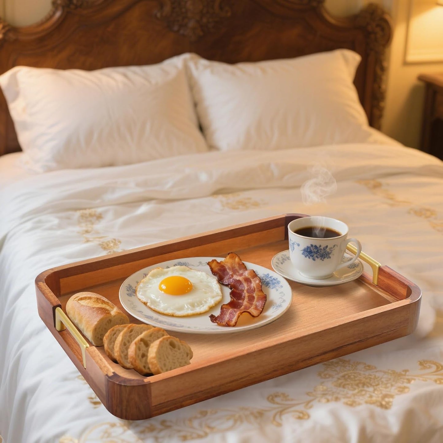 Bandeja acacia asas metal 17x12pulg para café desayuno bar