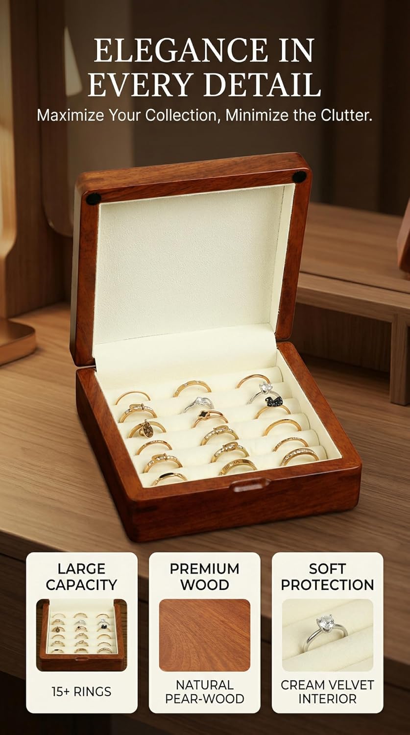 Estuche madera nogal para anillos y aretes viaje vintage
