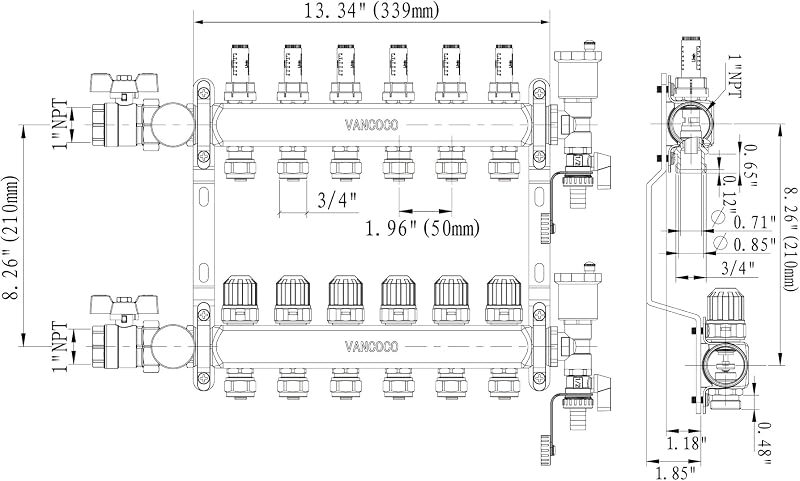 Colector radiante acero inox 6 bucles con adaptadores