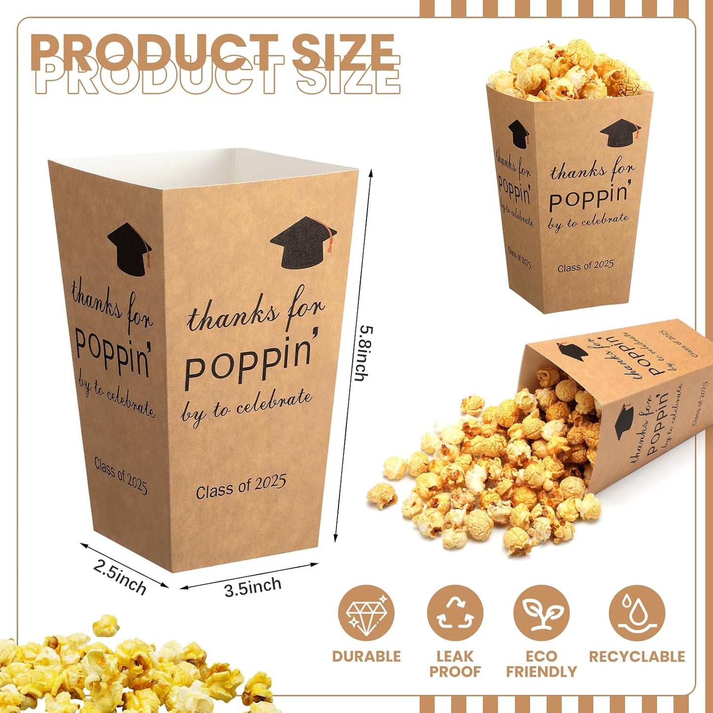 50 Cajas Palomitas Graduación 2025 6pulg Contenedores Papel