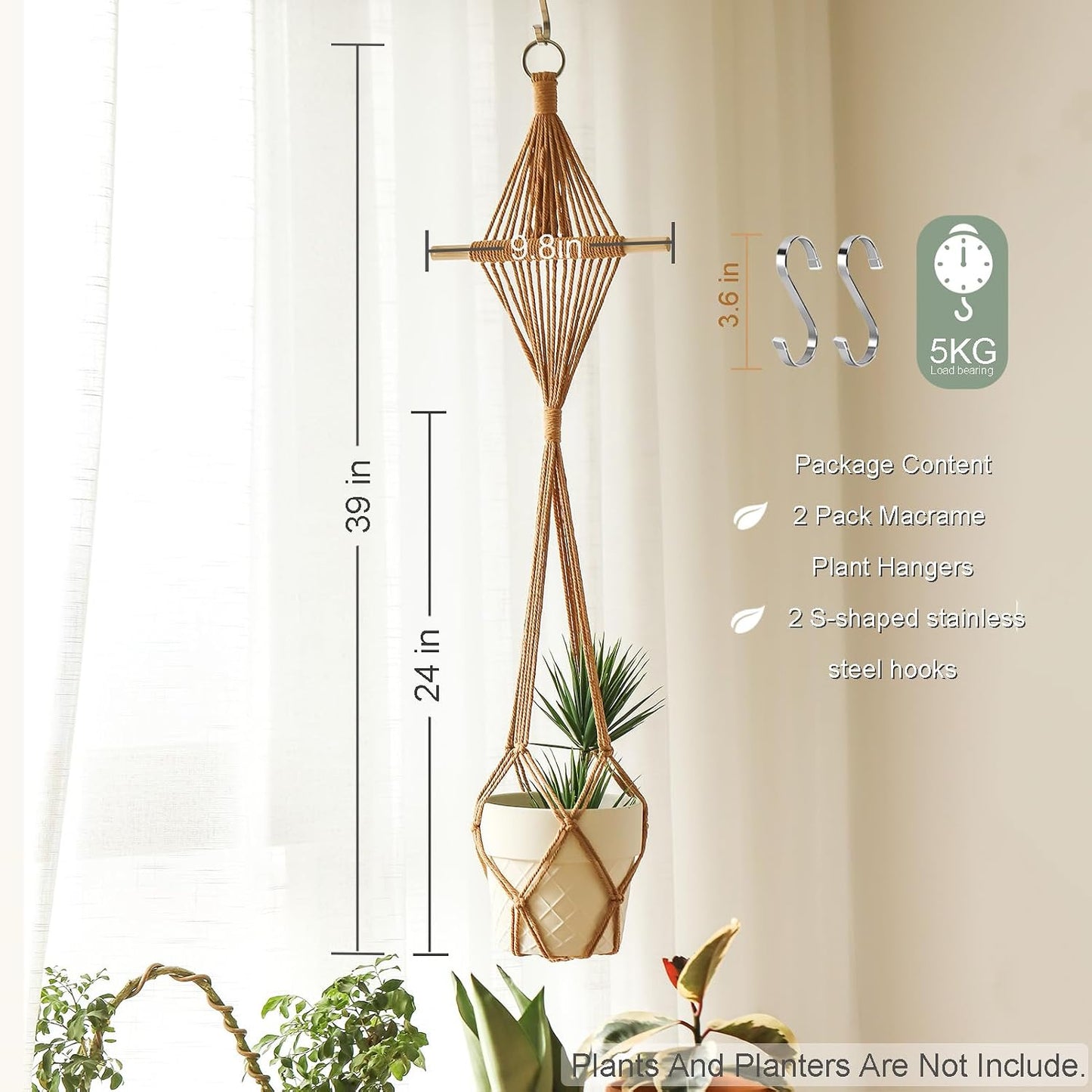 Perchas madera y macramé 39pulg soporte plantas 10pulg