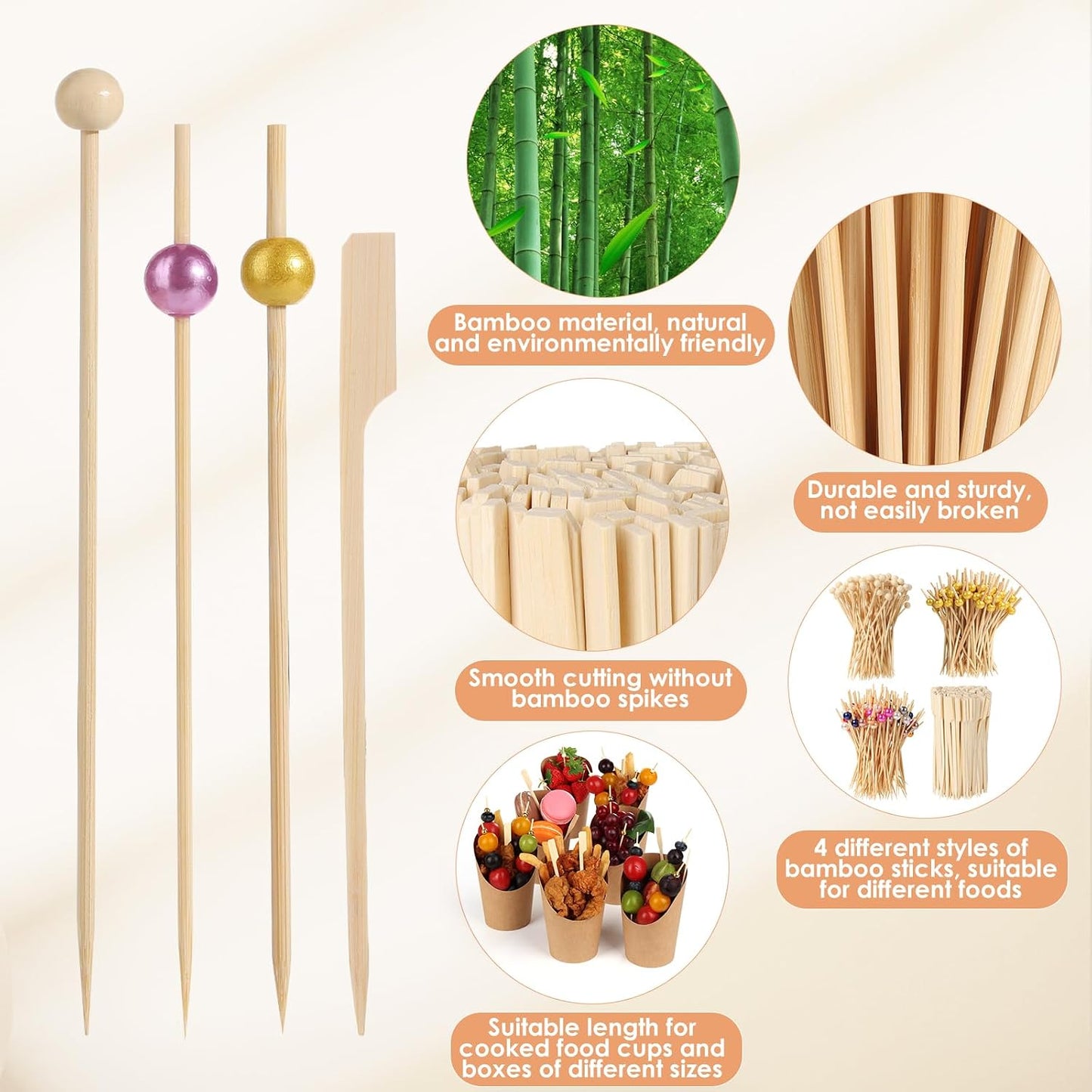 400 Palillos Bambú 4.7pulg Ecológicos para Aperitivos y Bebidas