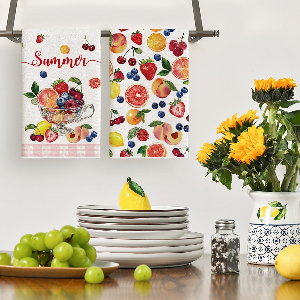 Juego de 2 toallas de cocina verano con copa de limones y fresas naranjas
