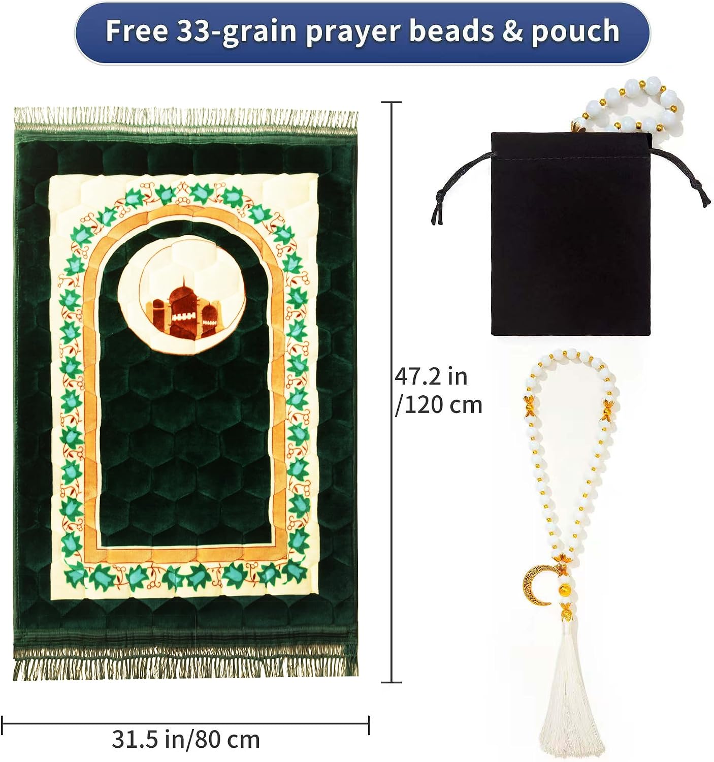 Alfombra oración islámica gruesa suave lujosa verde