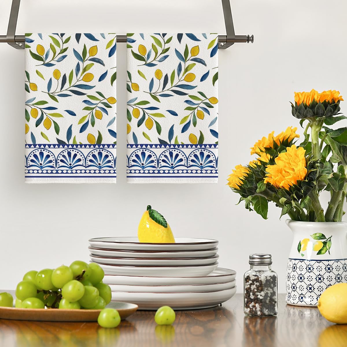 Juego de 2 toallas de cocina de verano a rayas de limones 18 x 26