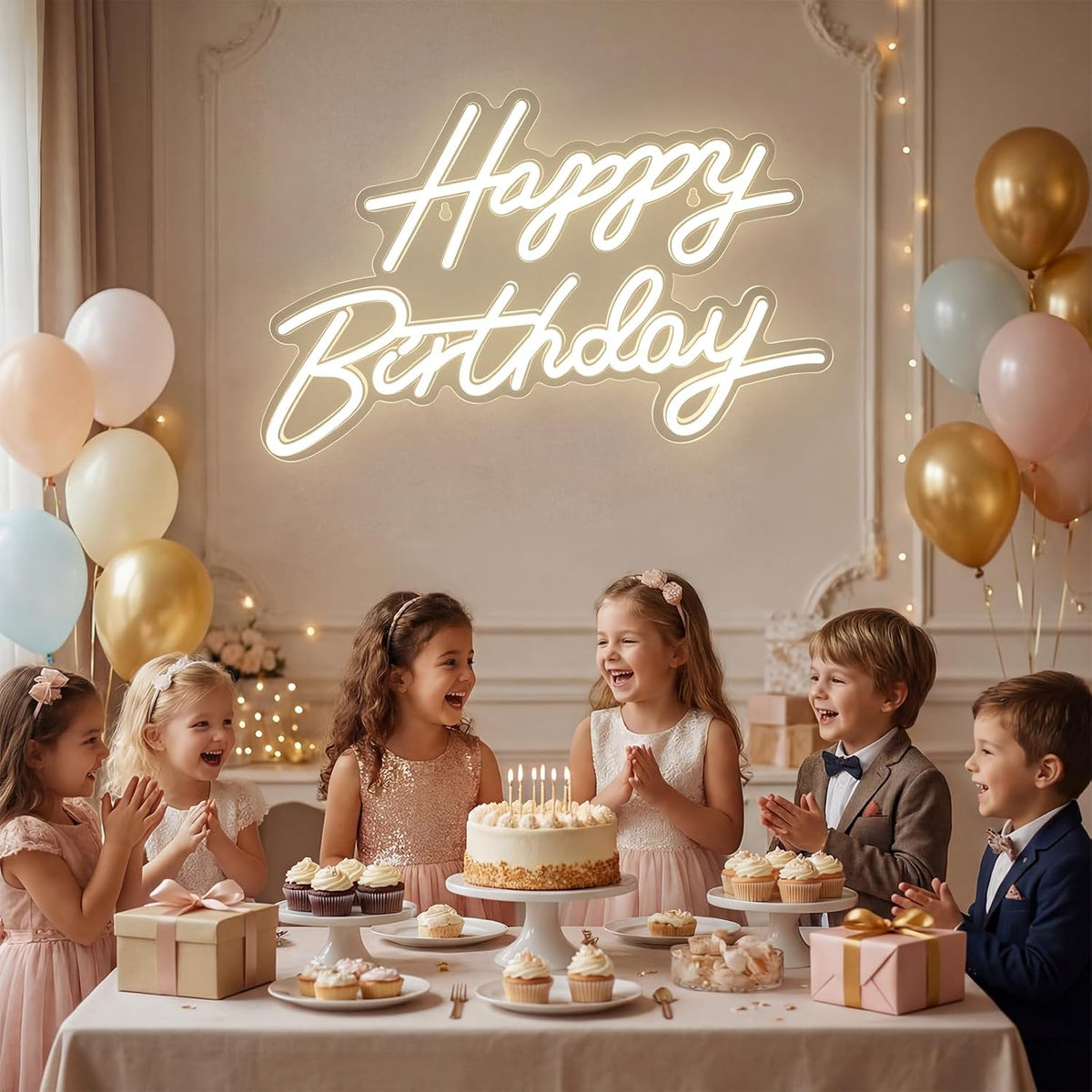 Letrero neón LED feliz cumpleaños regulable blanco cálido