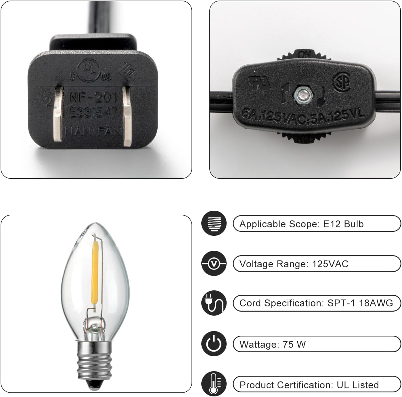 Cable C7 6ft con bombilla LED E12 interruptor Navidad