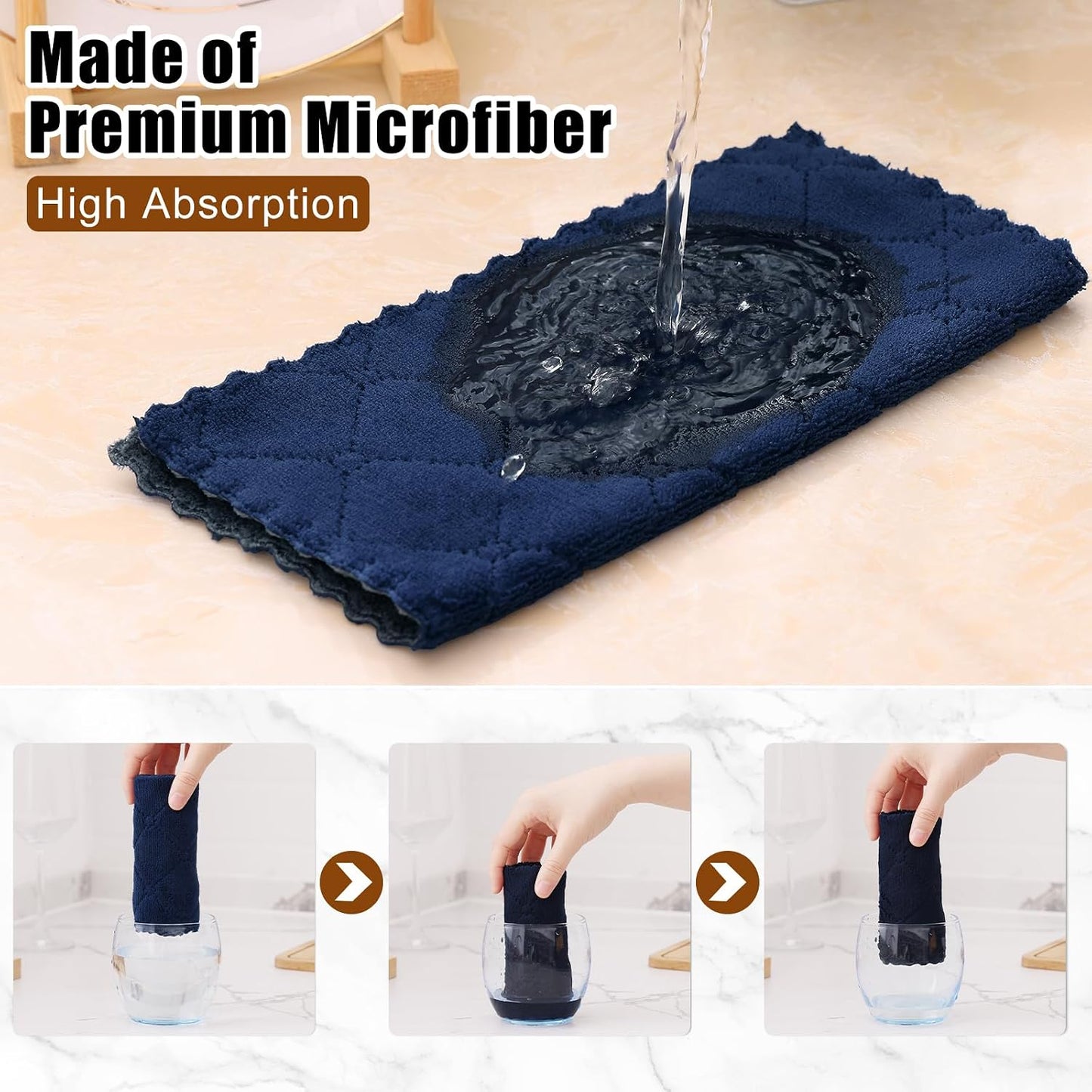 12 Pzas Paños Microfibra Platos 10x10pulg Gris Oscuro y Azul