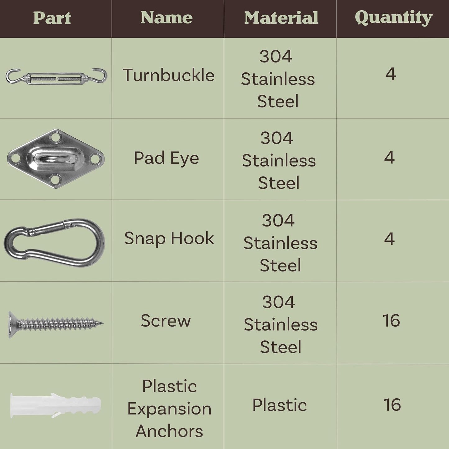 Kit accesorios vela acero inox 44 pzas triángulo cuadrado
