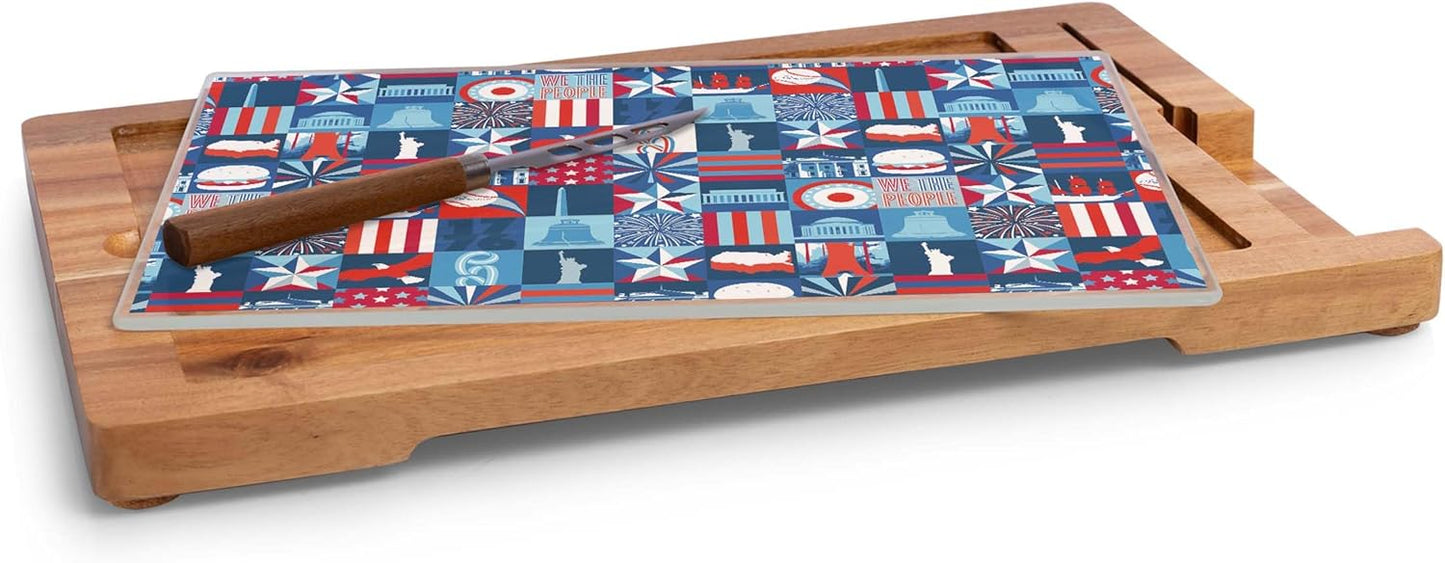 Juego Mesa Queso Cuchillos Vidrio Templado Madera Acacia