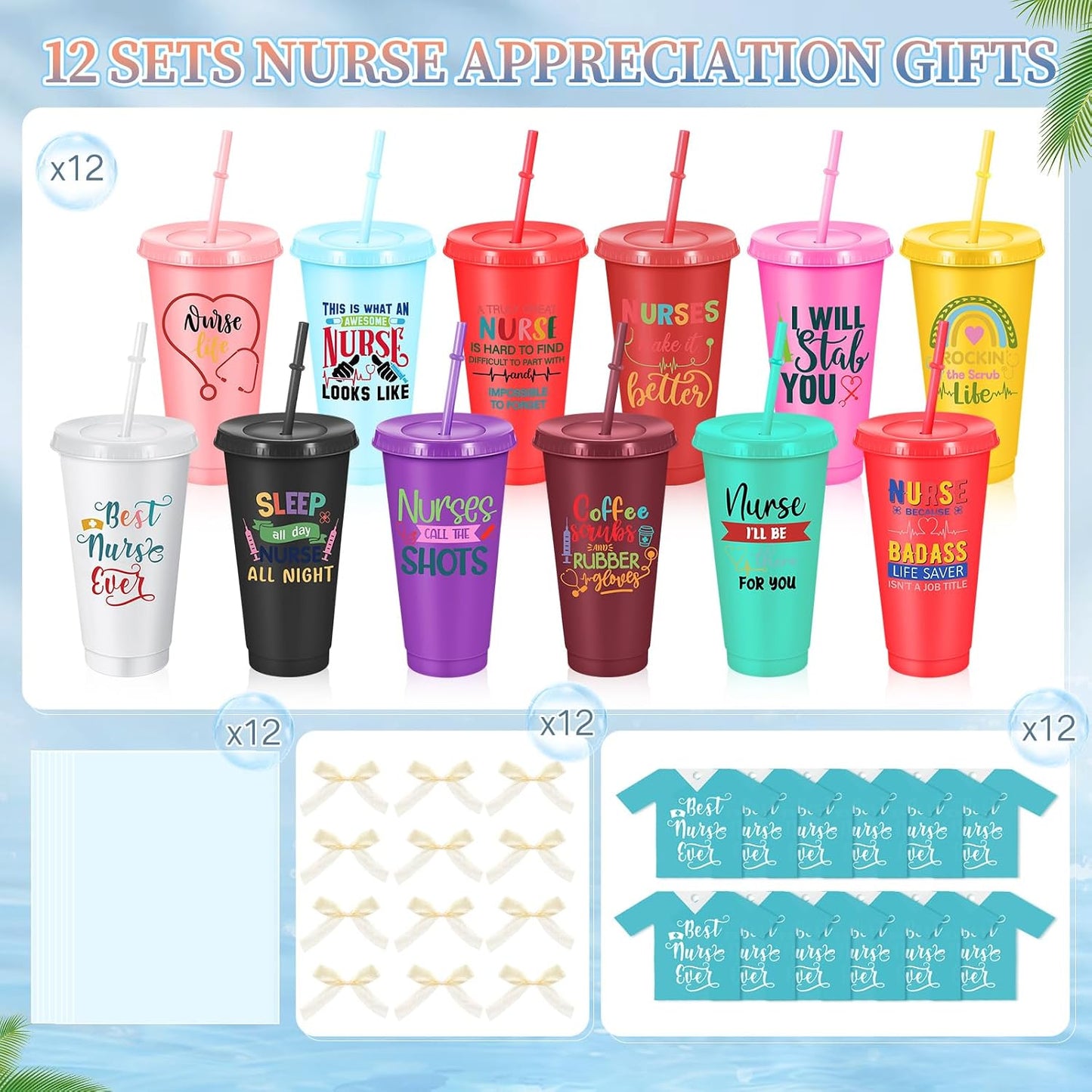 12 Tazas Regalo Enfermeras con Pajita 24oz Plástico Reutiliz.