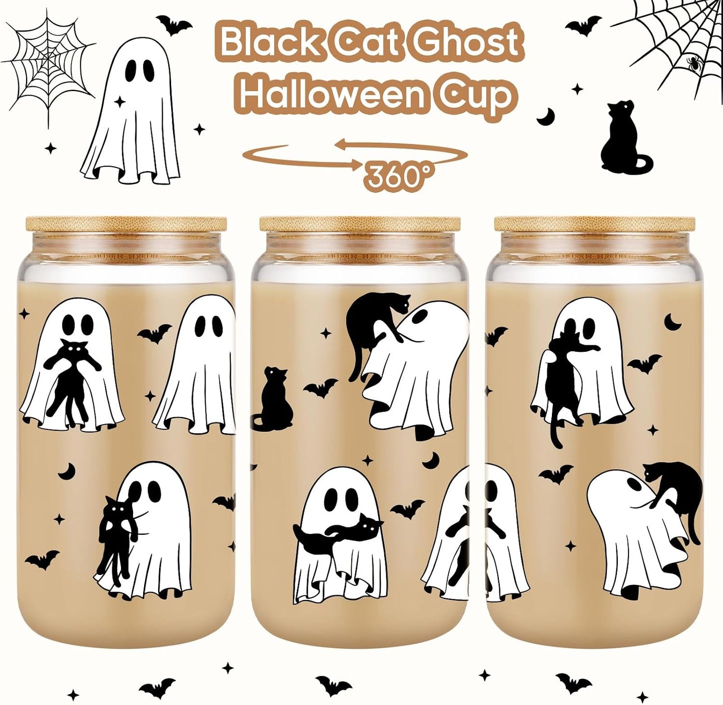 Vaso vidrio gato negro halloween 16oz con popote