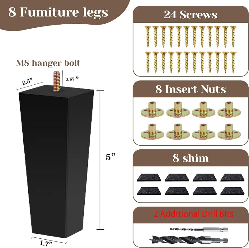 Patas cuadradas para cama madera 5" set 8 color negro