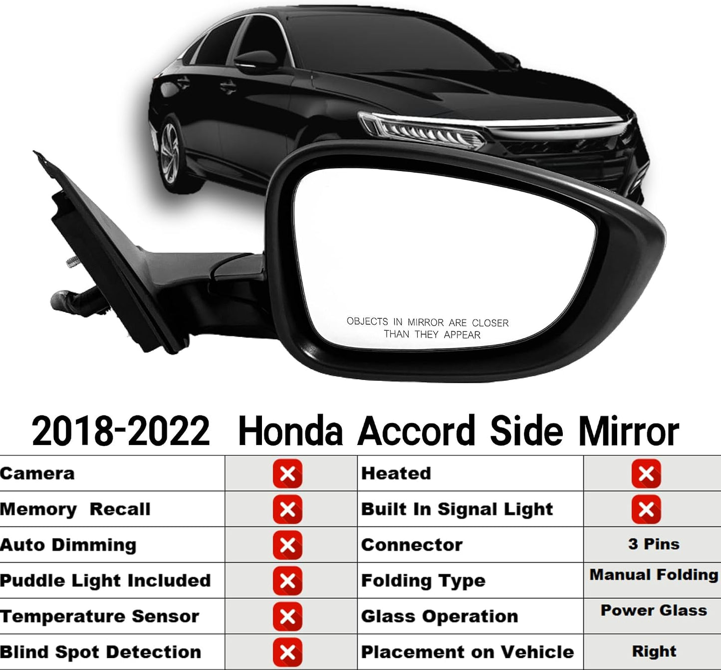 Espejo lateral Honda Accord LX 18-22 negro sin calefacción