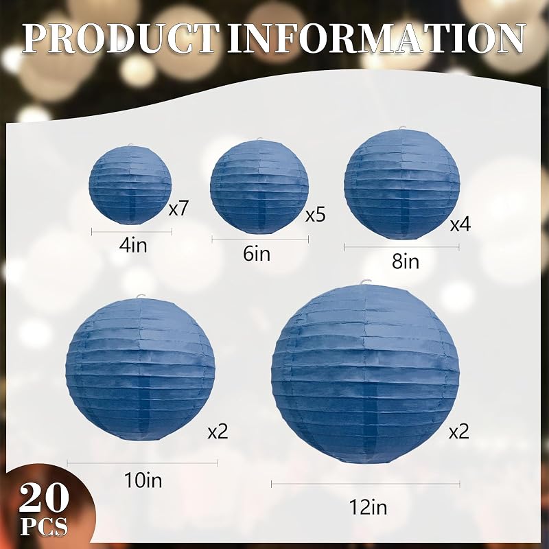 20 Linternas Papel Azul Marino 6-12pulg Colgantes Decoración