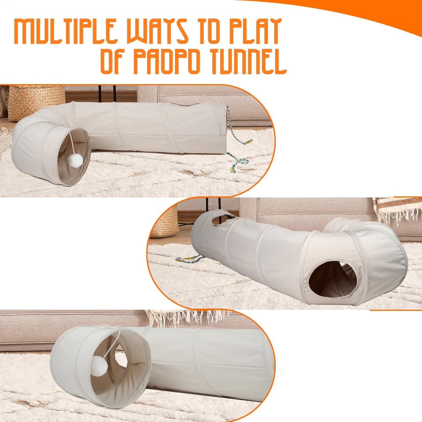 Túnel gato plegable con pelota cuerda beige