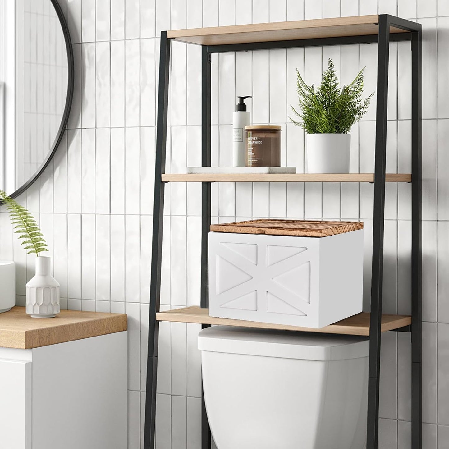 Soporte tampón baño organiz. madera con tapa