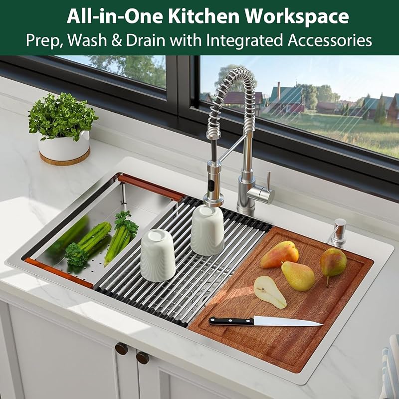 Fregadero cocina empotrable 33x22" acero inox con repisa