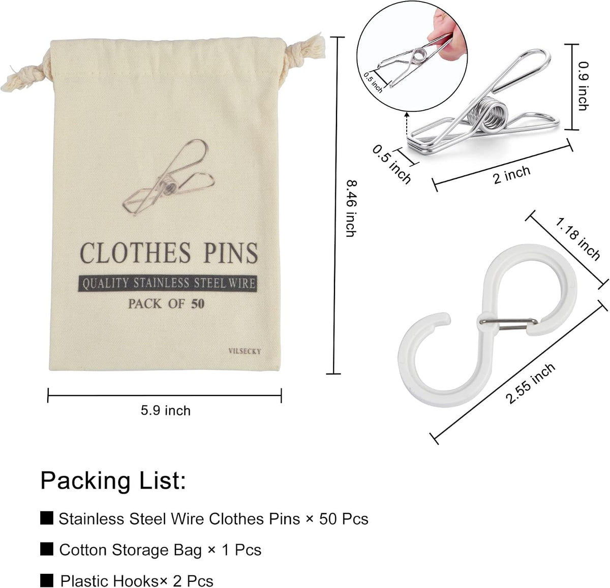 50 Pinzas Ropa Sucia Acero Inox Alambre con Bolsa y Ganchos