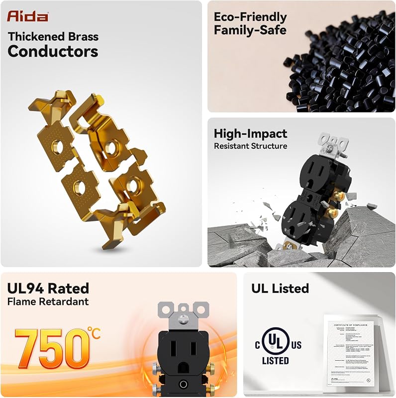 Toma corriente doble pared 15A 125V UL negro 20 pzas