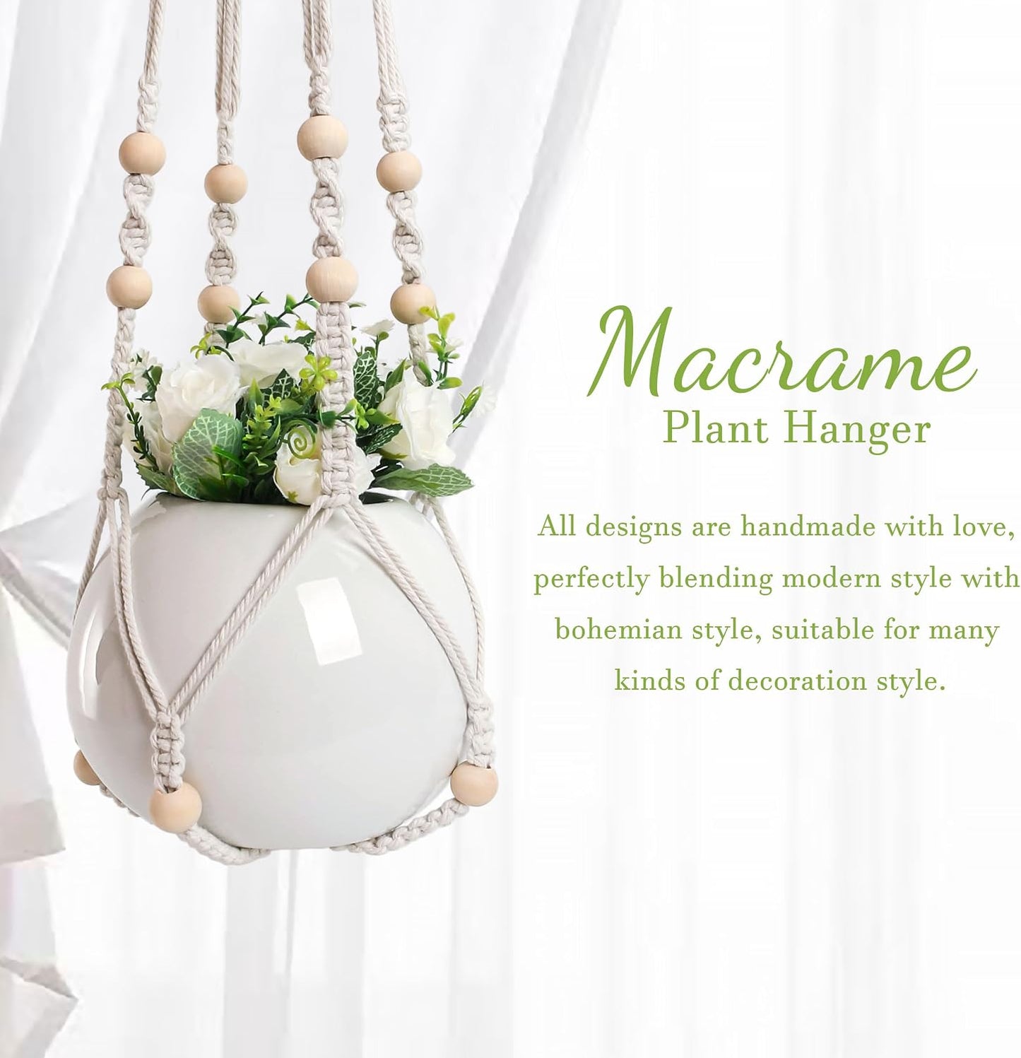3 Pzas Soporte Macramé Cesta Madera para Macetas Blanco