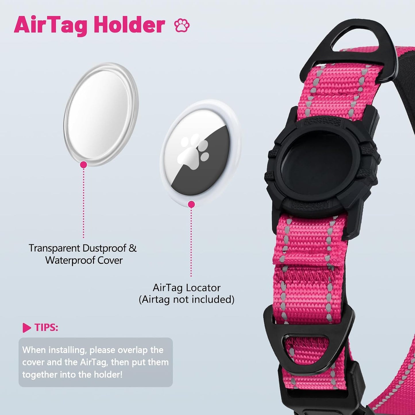 Collar reflectante perros AirTag anillos D ajustable rosa talla L