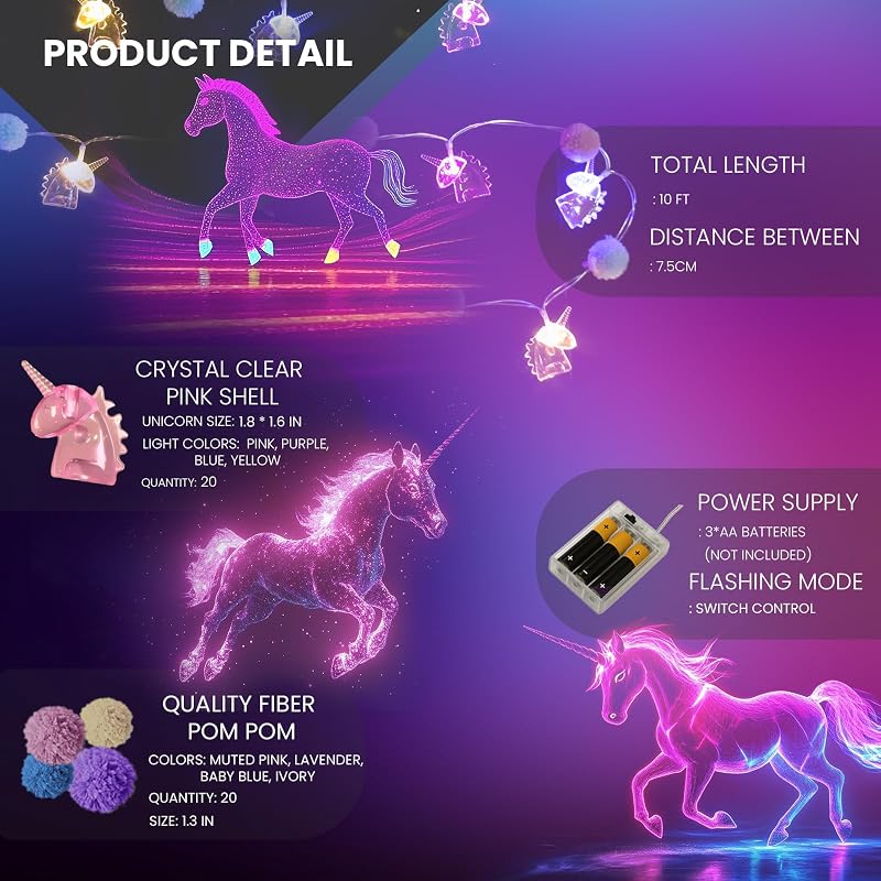 Guirnalda luces LED unicornio pompones para niños
