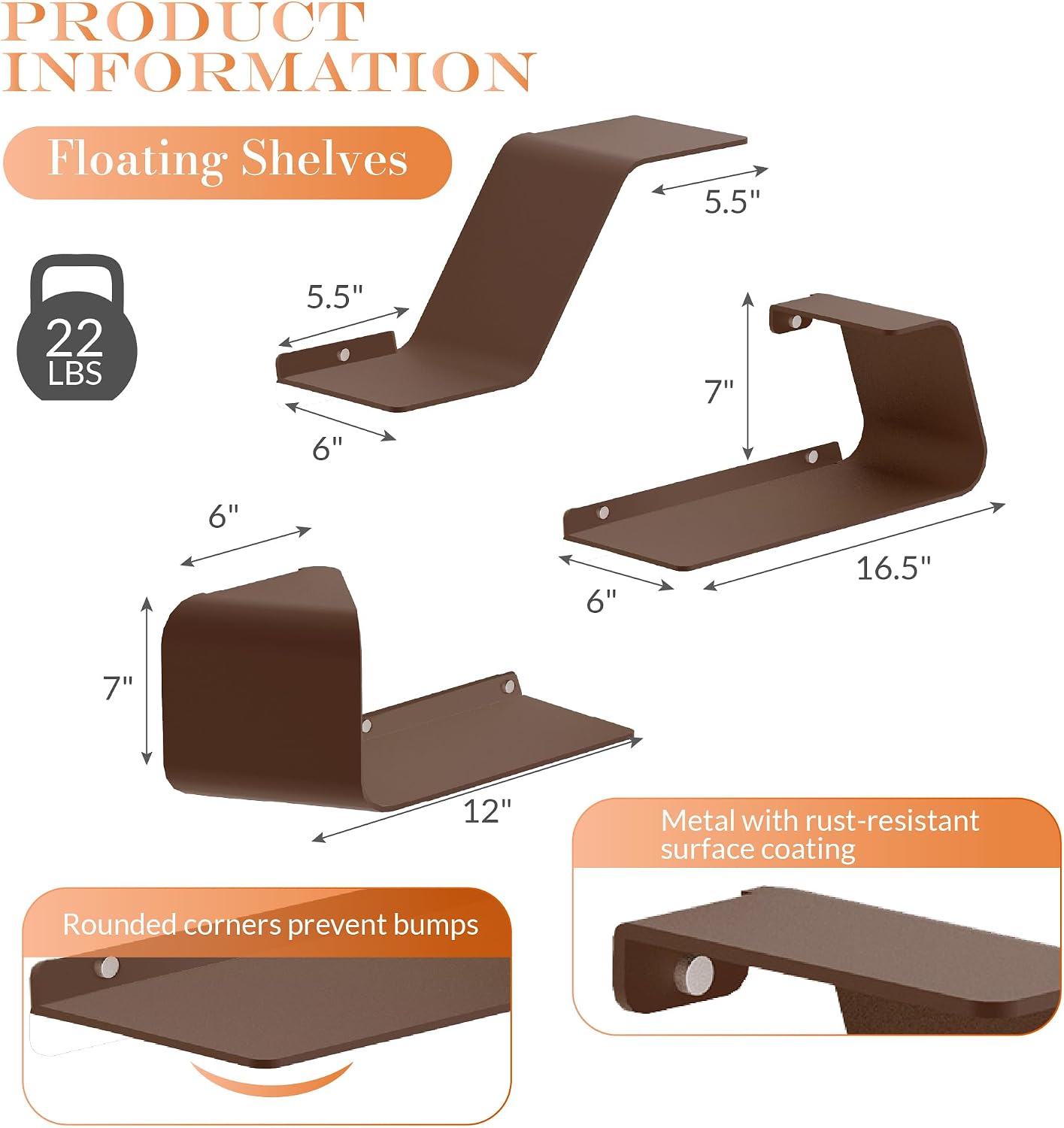 3 Pzas Estante Metal Flotante para Baño Dormitorio