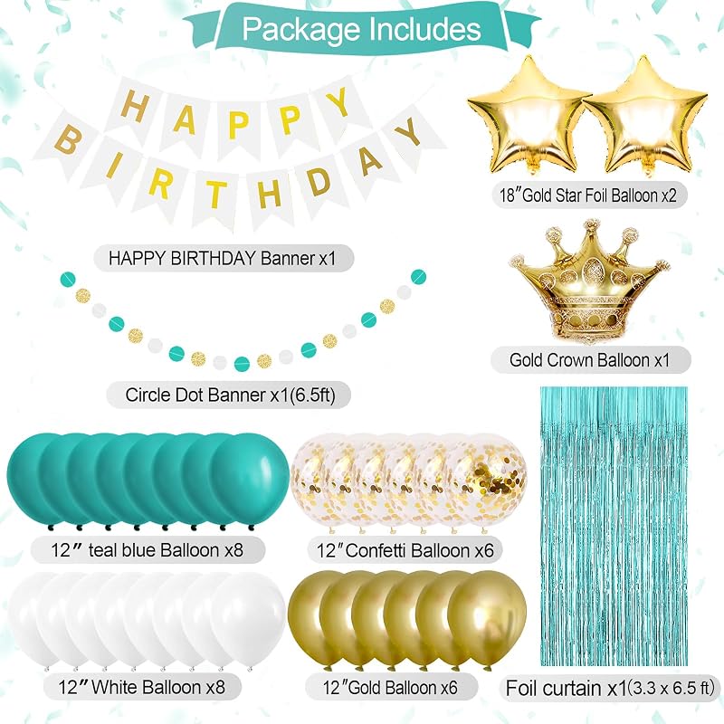Decoración cumpleaños globos flecos verde azulado y dorado
