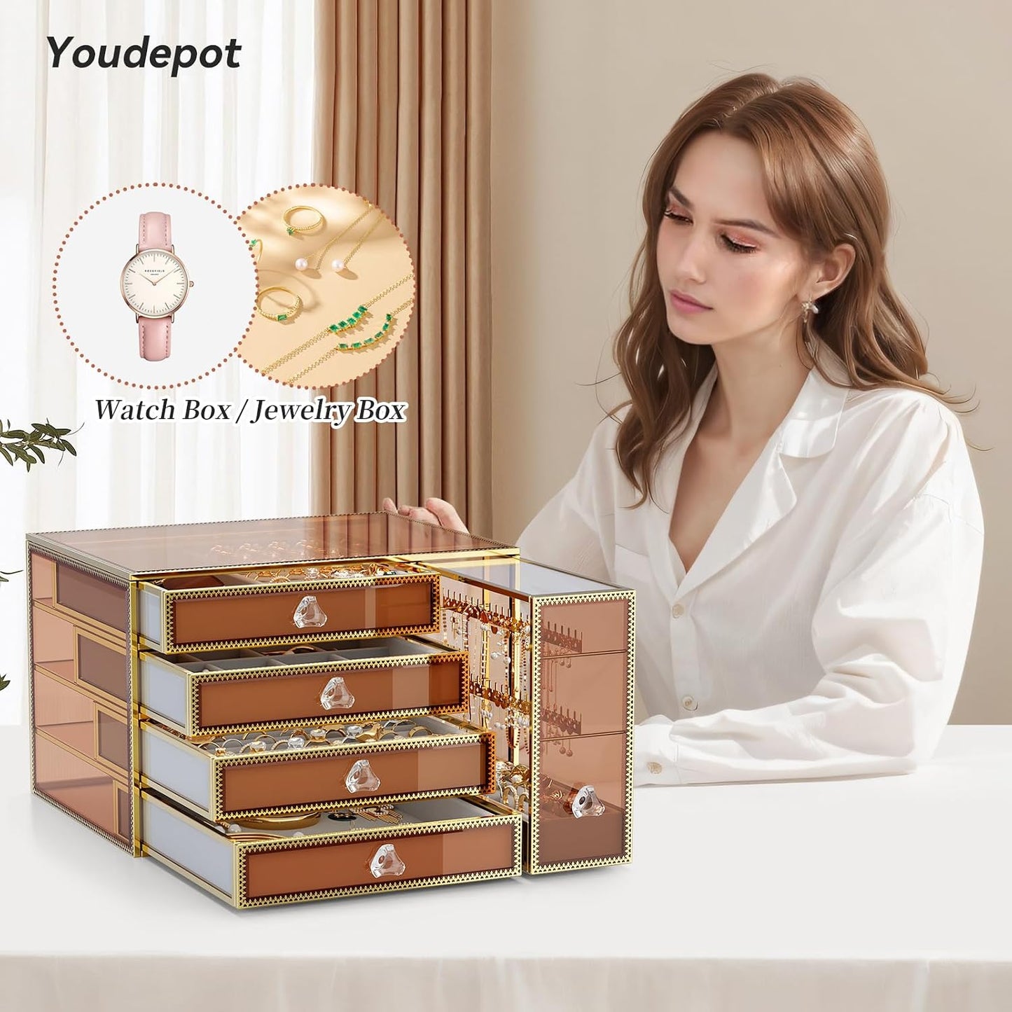 Caja organizadora joyas vidrio 5 cajones terciopelo